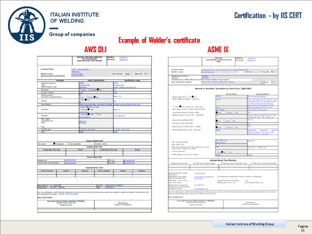 Example of Welder’s certificate AWS D1.1 ASME IX Certification - by IIS CERT Group